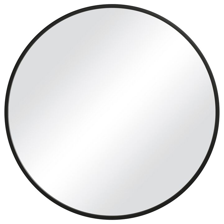 37 Inches Round Shape Sleek Frame Mirror, Black-Benzara