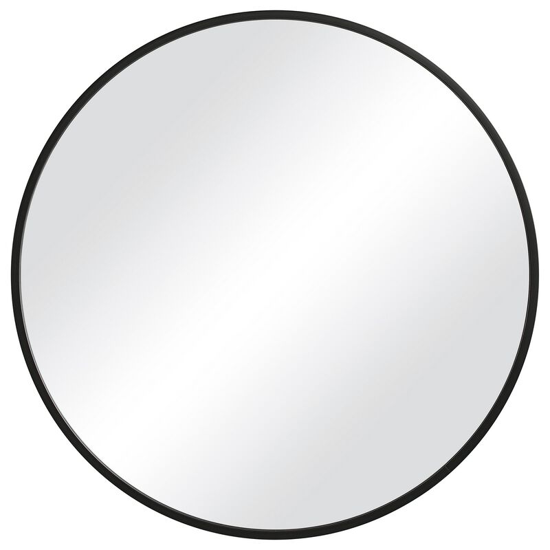 37 Inches Round Shape Sleek Frame Mirror, Black-Benzara