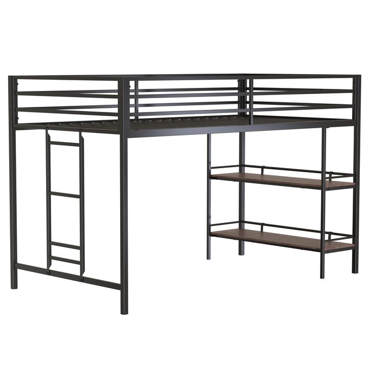 Junior Twin Loft Metal Bunk Bed Frame with Cinnamon Wood Shelf, Full-Length Guardrails, Anti-Noise Design, Easy Assembly, Black