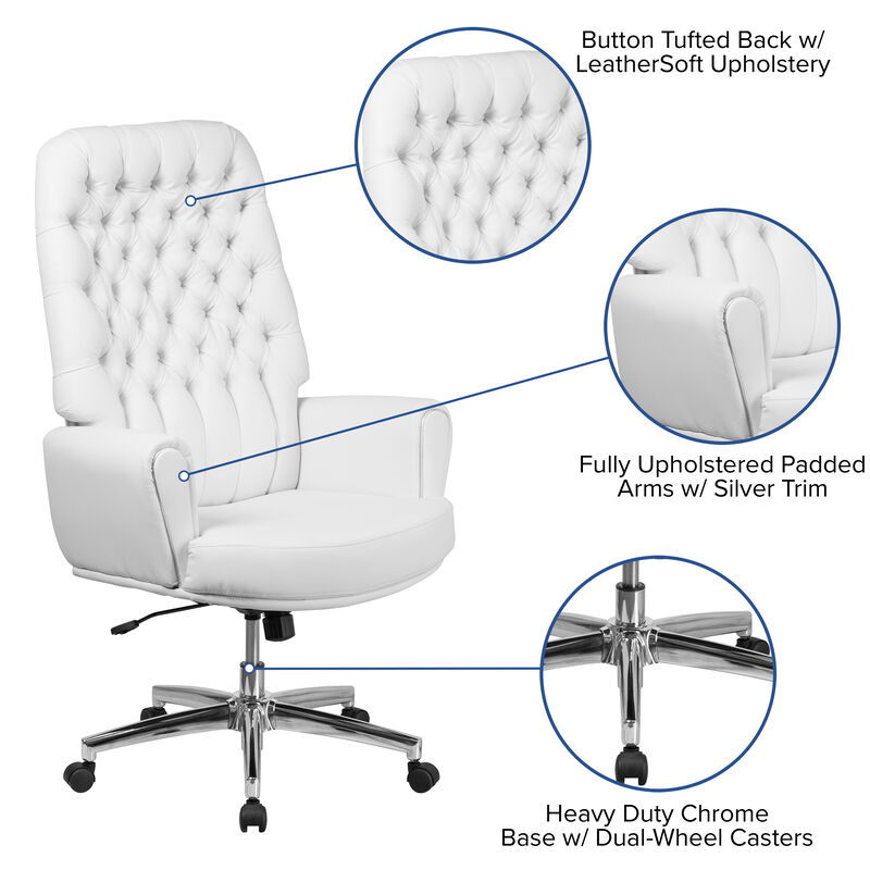 Rochelle High Back Traditional Tufted White LeatherSoft Executive Swivel Office Chair with Arms