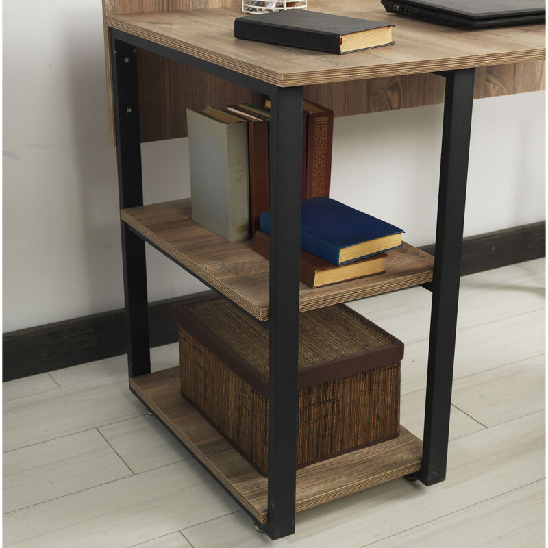 Furnish Home Store Rasse Black Metal Frame 58" Wooden Top 2 Shelves Writing and Computer Desk for Home Office, Oak