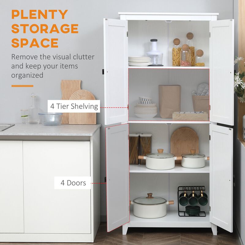 White Kitchen Storage: 72" Freestanding 4-Door Pantry Organizer
