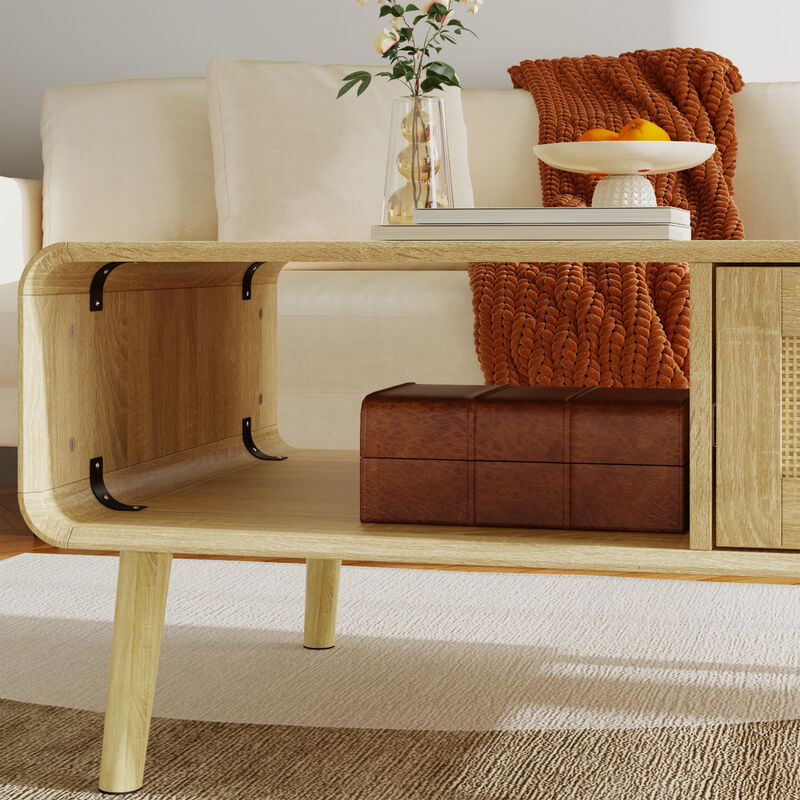 FUFU&GAGA Mid-Century Coffee Table with Storage, Wooden Center Table with Drawer & Open Shelf, (39.4" W x 17.9" H x 23.6" D), Natural Oak