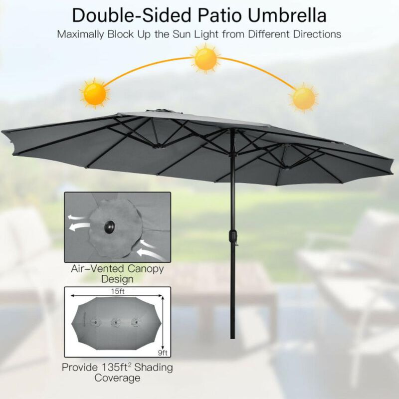 Hivvago 15 Feet Double-Sided Twin Patio Umbrella with Crank and Base