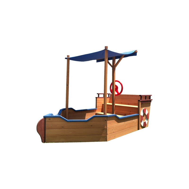 Wooden Pirate Ship Sandbox with Storage Bench & Cover