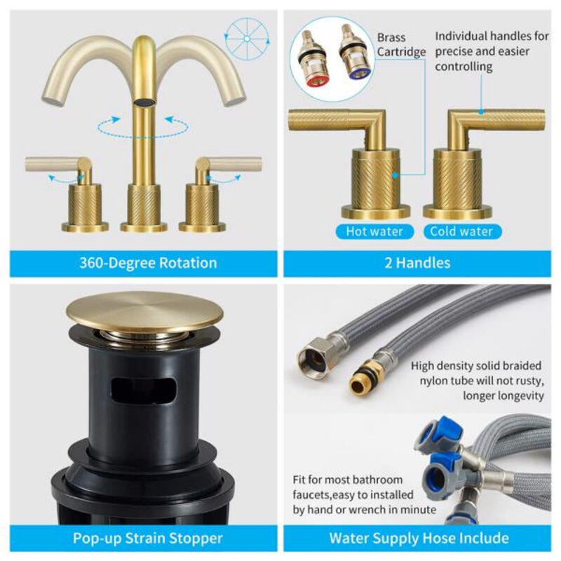 Stainless Steel Bathroom Faucet, Widespread 2-Handle Sink Faucet with Drain & Hoses