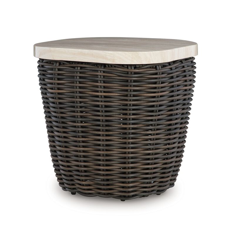 Kimo Outdoor Square End Table, Dark Brown Wicker Details, 23 Inch - Benzara