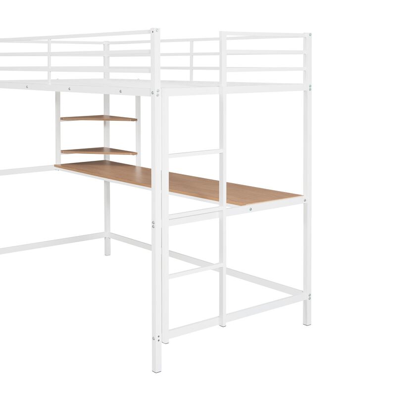 Metal Loft Bed with Desk and Shelf, Space-Saving Workstation for Kids & Teens