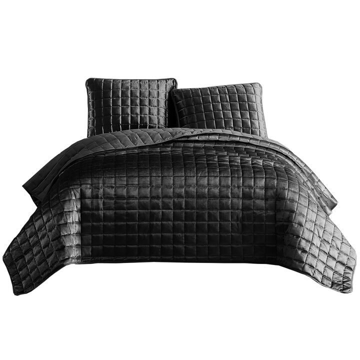 3 Piece King Size Coverlet Set with Stitched Square Pattern, Dark Gray-Benzara