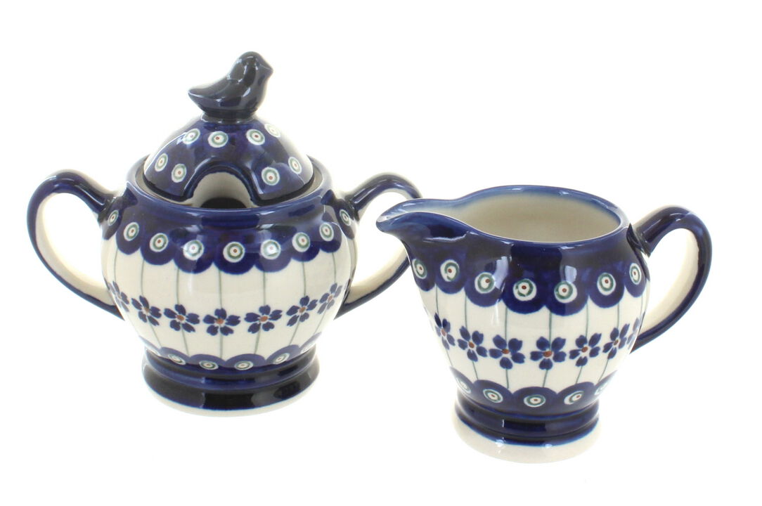Blue Rose Polish Pottery Peacock Cream & Sugar