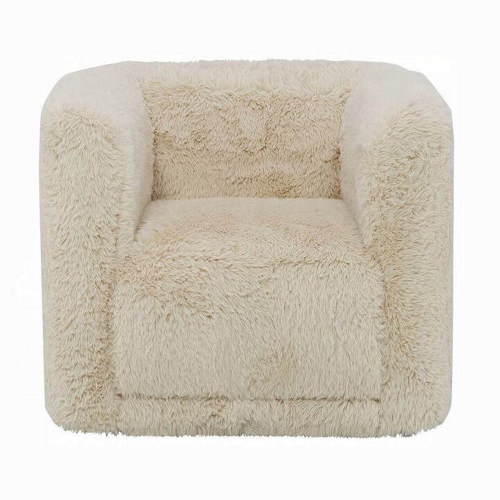 Savoir Swivel Accent Chair, Modern Soft Furry Beige Fabric, Round Arms - Benzara
