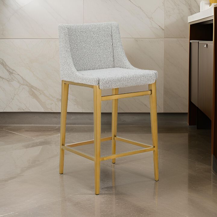 Cid Kinn Counter Stool Chair Set of 2, Light Gray Polyester, Brass Steel - Benzara