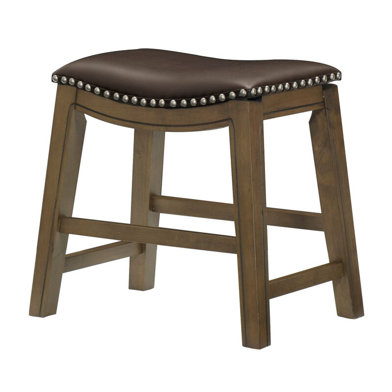 Miel 20 Inch Dining Stool, Brown Faux Leather, Brown Solid Wood, Nailheads - Benzara