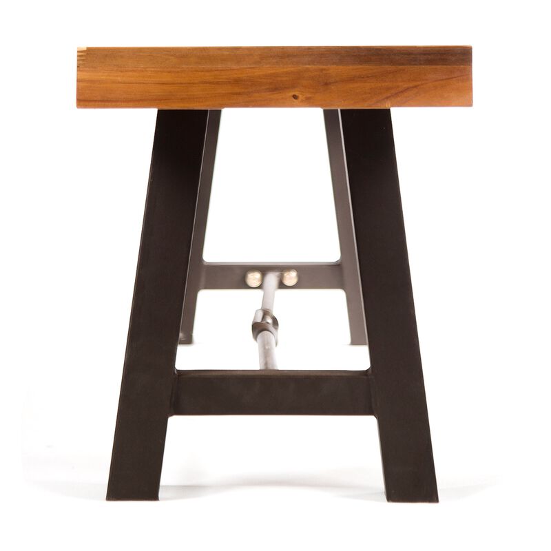 Outdoor Accent Dining Bench, 63" Brown Acacia Wood Top, Black Metal - Benzara