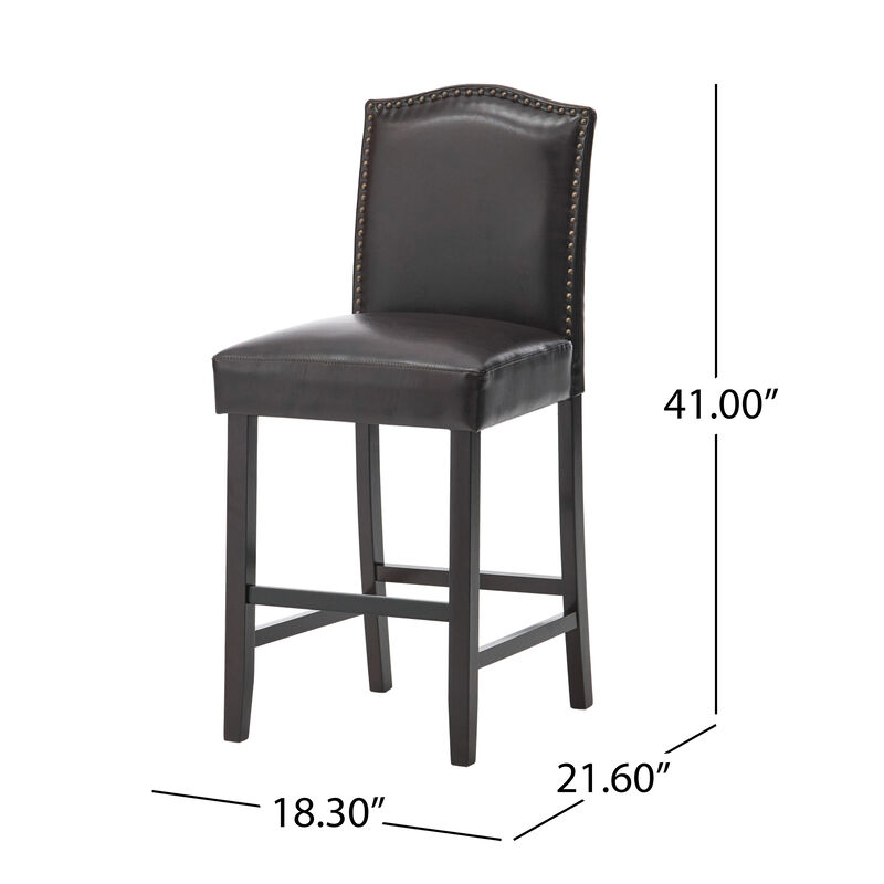 Counter Height Chair Set of 2, Nailhead Trim, Brown and Walnut Faux Leather - Benzara