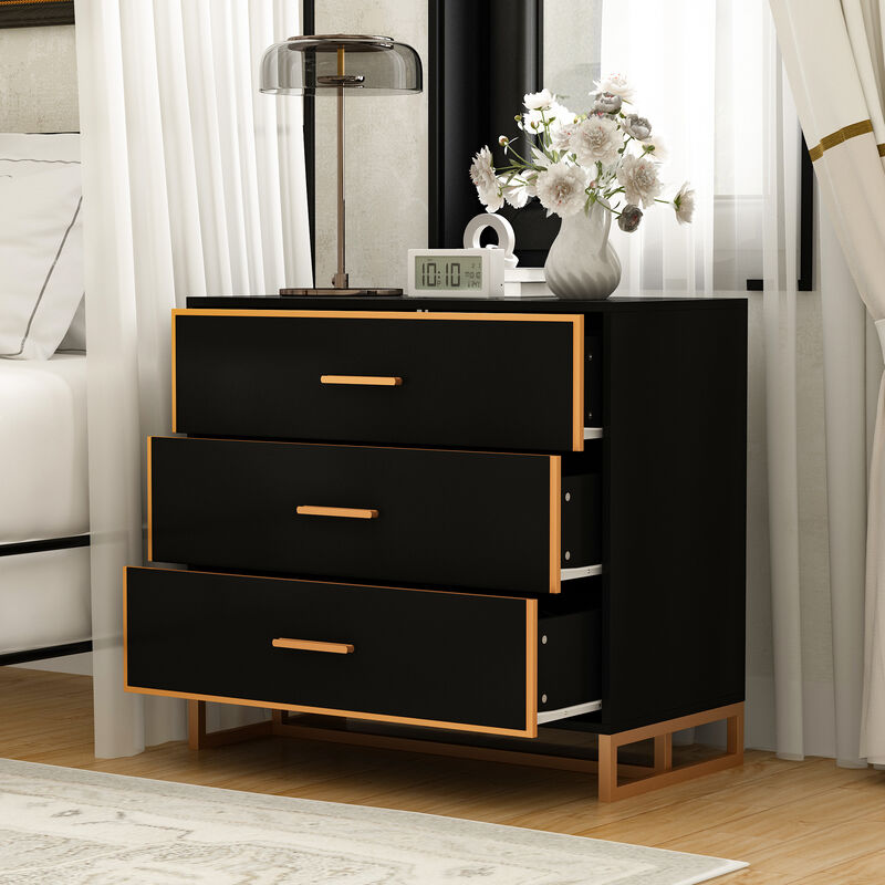 FUFU&GAGA Modern Black 3-Drawer Dresser with Gold Trim, Metal Handles & Base – Stylish Storage Cabinet for Bedroom(31.5"W x 15.7"D x 28.7"H),Black