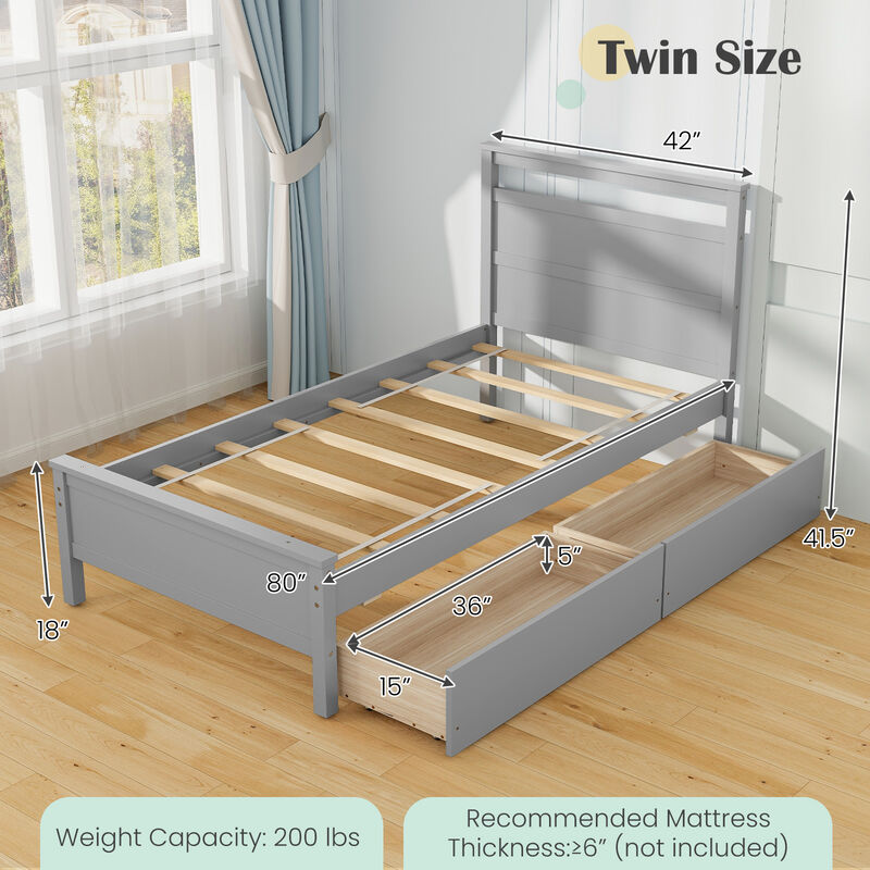 Twin Size Wooden Bed Frame with 2 Drawers for Teens and Adults
