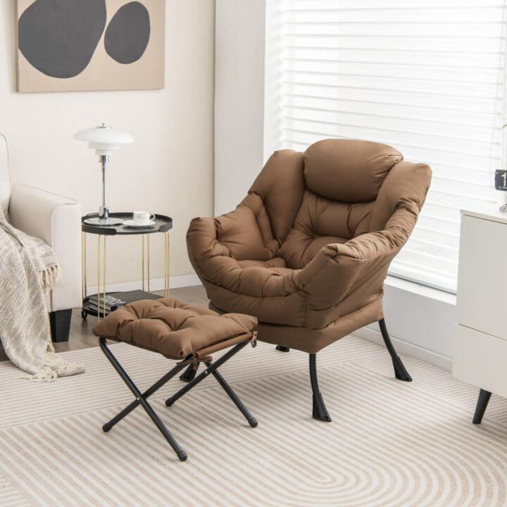 Hivvago Modern Accent Sofa Chair with Folding Footrest and Side Pocket-Brown
