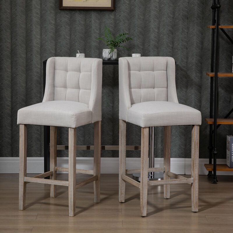 HOMCOM Modern Bar Stools, Tufted Upholstered Barstools, Pub Chairs with Back, Rubber Wood Legs for Kitchen, Dinning Room, Set of 2, Beige