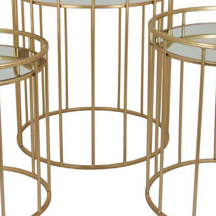 20 Inch Plant Stand Table Set of 3, Gold Metal Frame, Mirror Tray Top - Benzara
