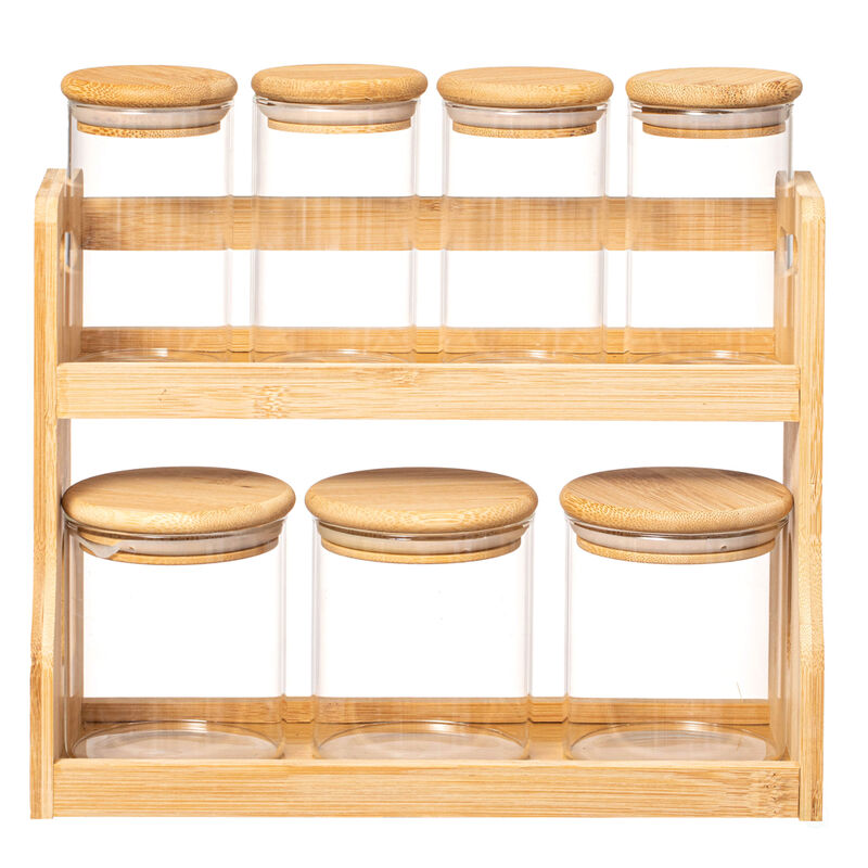 Basicwise Versatile 2-Tier Bamboo Spice Rack and Pantry Organizer with 7 Glass Jars – Perfect for Countertop Storage in Kitchens to Keep  Seasoning Containers Neatly Displayed and Easily Accessible