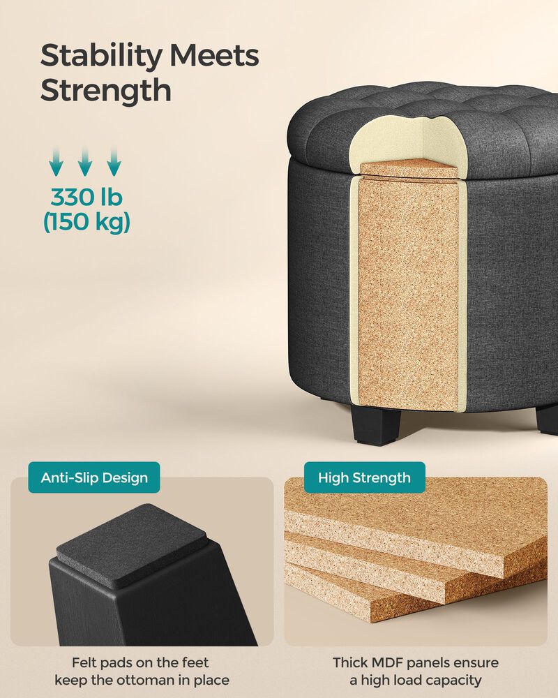 Linen Fabric Storage Ottoman Bench - Dark Gray Footstool with Foam Padded Seat and Solid Wood Legs