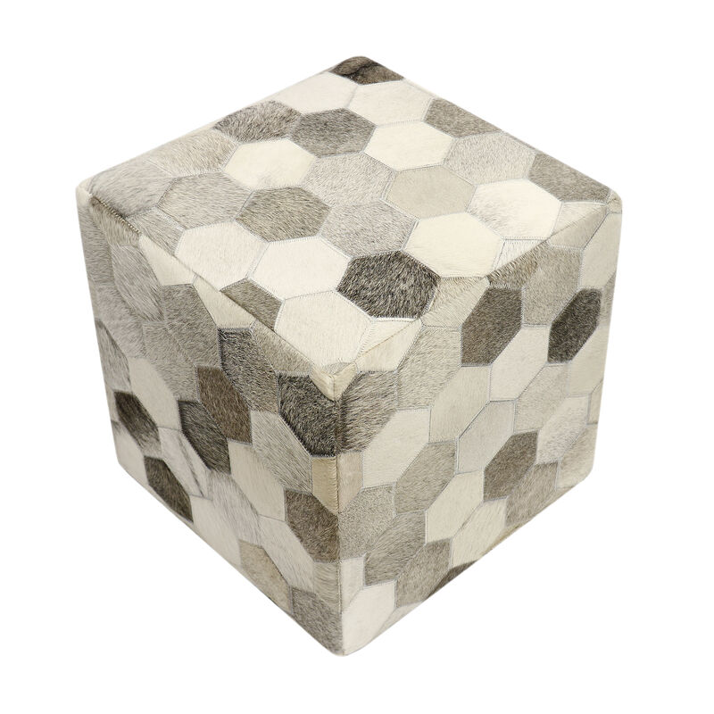 Pasargad Home Galaxy Cowhide Pouf Ottoman, Silver/Grey