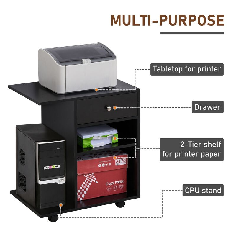 Black Office Helper: Mobile File Cabinet/Printer Stand with CPU Holder