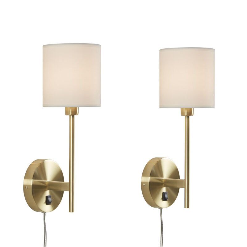 Gracie Mills Sangrey Set of 2 Brass Metal Wall Sconces with Cream Cylinder Shades