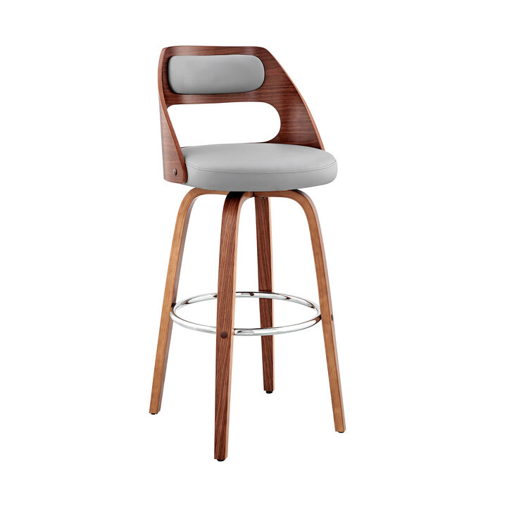 30 Inch Leatherette Barstool with Cut Out Back, Gray and Brown-Benzara