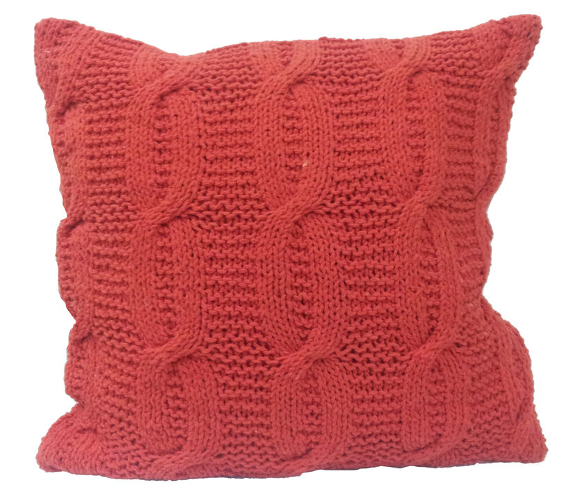 18 X 18 Inch Cotton Cable Knit Pillow with Twisted Details, Orange-Benzara