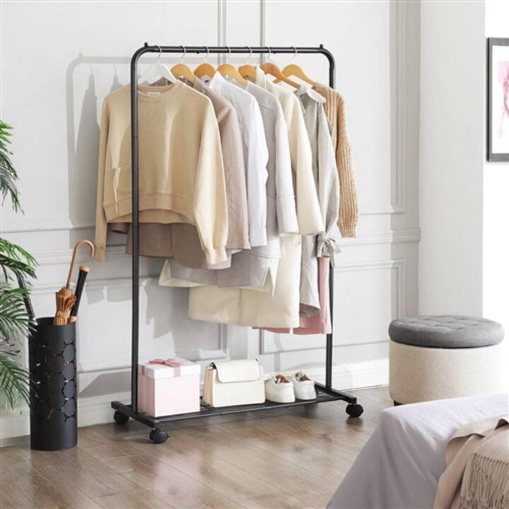 Hivvago Simple Black Steel Tube Rolling Garment Clothes Rack with Bottom Mesh Shelf