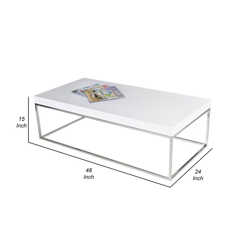 Zen 48 Inch Coffee Table, Rectangular White Lacquer Top, Chrome Steel Frame - Benzara