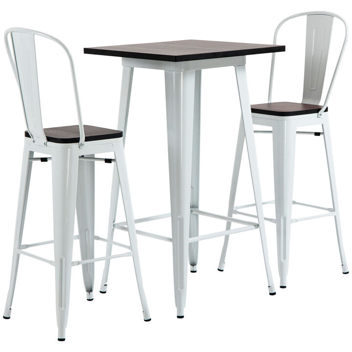 HOMCOM 3 Piece Industrial Dining Table Set, Bar Height Bar Table and Chairs Set with Footrests for Bistro, Pub, White and Brown