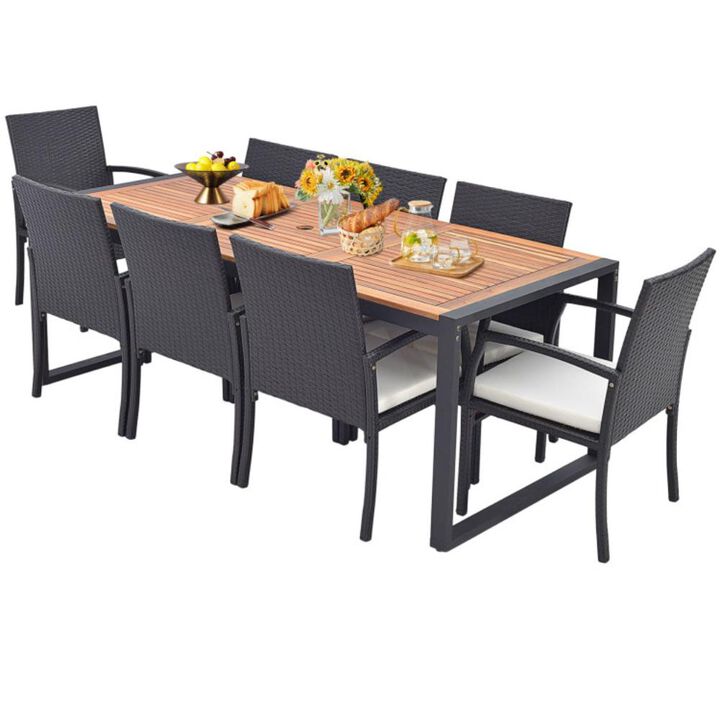 Hivvago 9 Pieces  Patio Rattan Dining Set with Acacia Wood Table for Backyard  Garden-L-shaped Handrail
