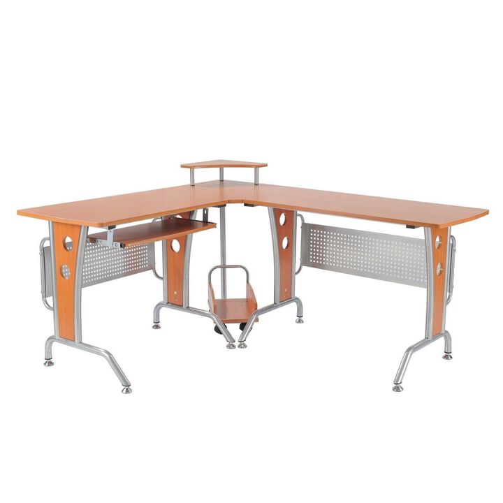 Wooden Gaming Station: Corner L-Shaped Desk with Elevated Shelf & CPU Stand