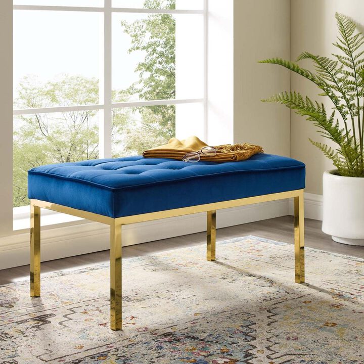 Modway Loft Tufted Button Performance Velvet Upholstered Medium Accent Bench in Gold Navy
