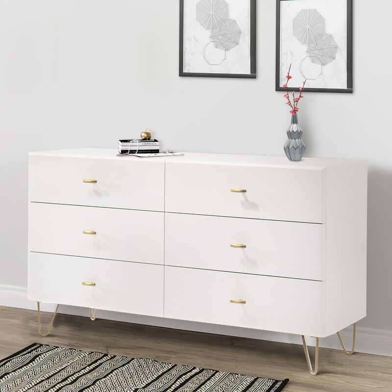 6 Drawer Wooden Dresser with Metal Hairpin Legs, White and Gold - Benzara