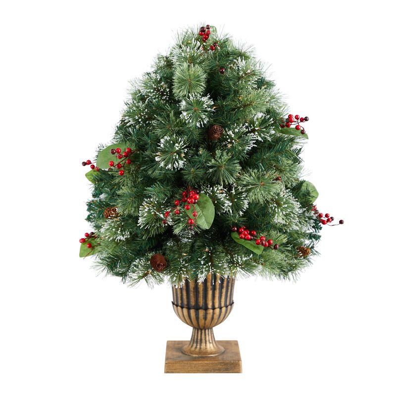 Hivvago 3 Feet Holiday Pre-Lit Snow Tip Greenery, Berries and Pinecones Artificial Christmas Plant in Urn with 100 LED Lights, Indoor Outdoor Patio Porch Decor