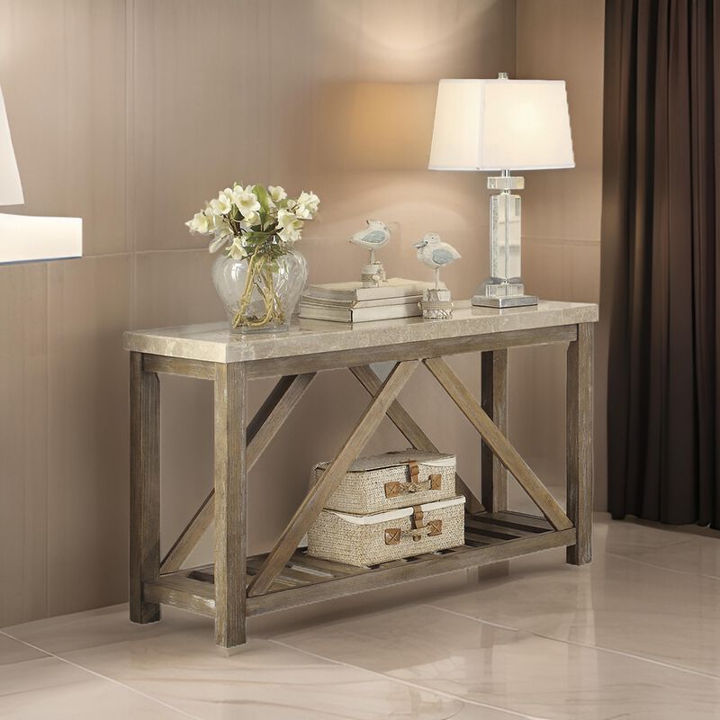 Rectangular Wooden Sofa Table With Slated Bottom Shelf, Gold Brown - Benzara
