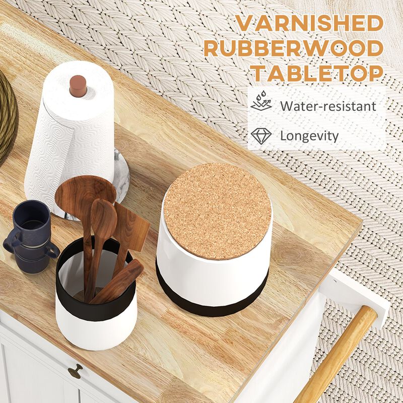 White Kitchen Island Cart: Rubberwood Top, Storage Drawers