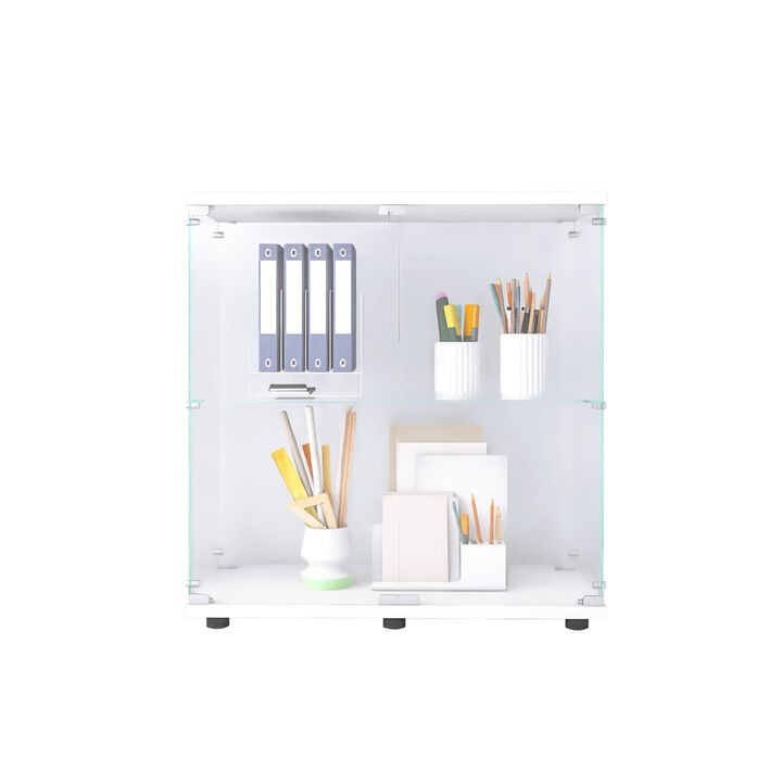 Glass Display Cabinet, 2 Shelves, Floor Standing, 33.35" X 31.69" X 14.37"
