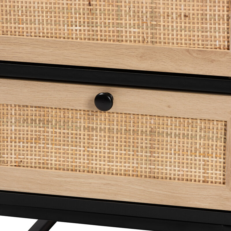 Baxton Studio Declan  Espresso Brown Finished Wood and Natural Rattan 2 Drawer End Table