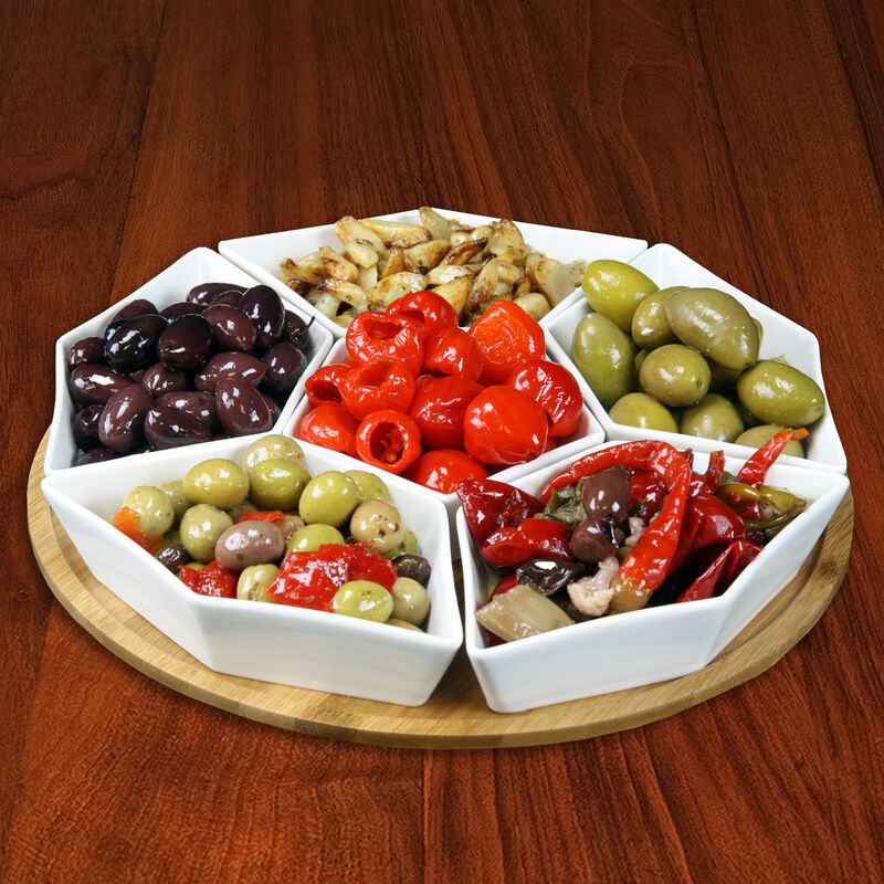 Elama Signature 12 Inch 7-Piece Condiment Server Set with a Bamboo Lazy Suzan Serving Tray
