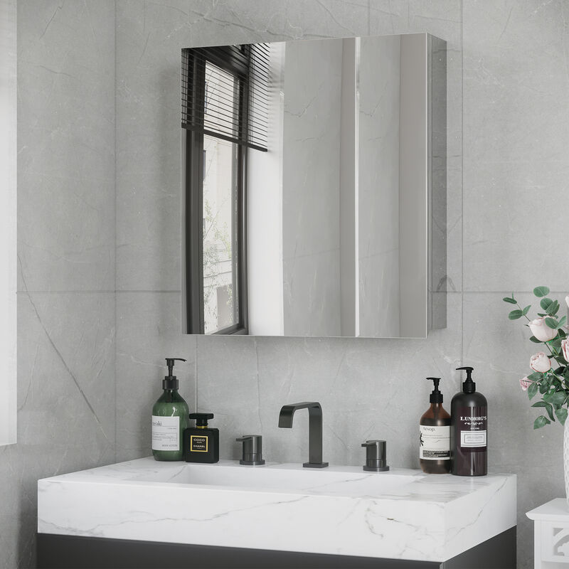 kleankin Bathroom Cabinet Wall Mounted Mirror Cabinet with Hinged Doors
