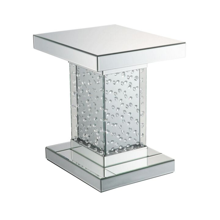 Pali 20 Inch Square Pedestal End Table, Mirrored, Faux Crystal Inlay, Silver-Benzara