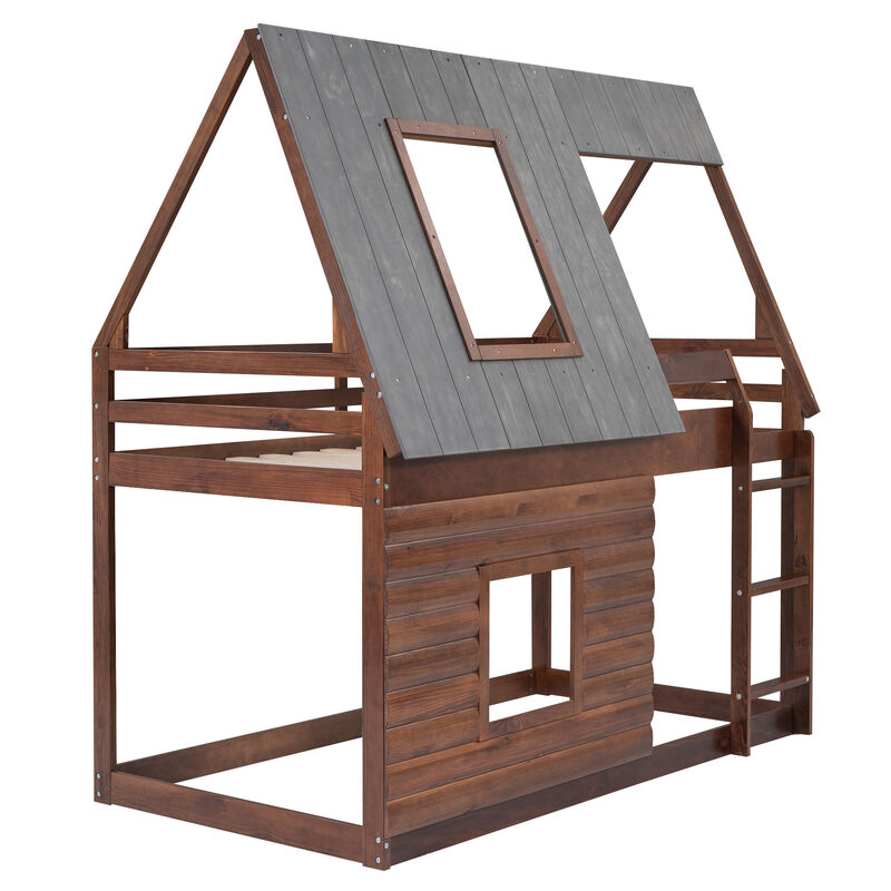 Merax House Bunk Bed with Roof and Ladder