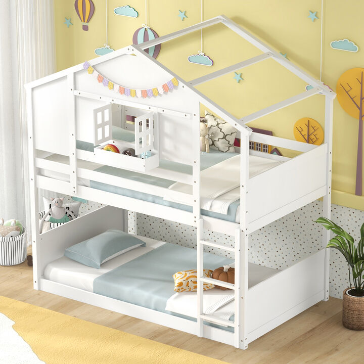 Bunk Bed for Kids with Roof and Lockable Window