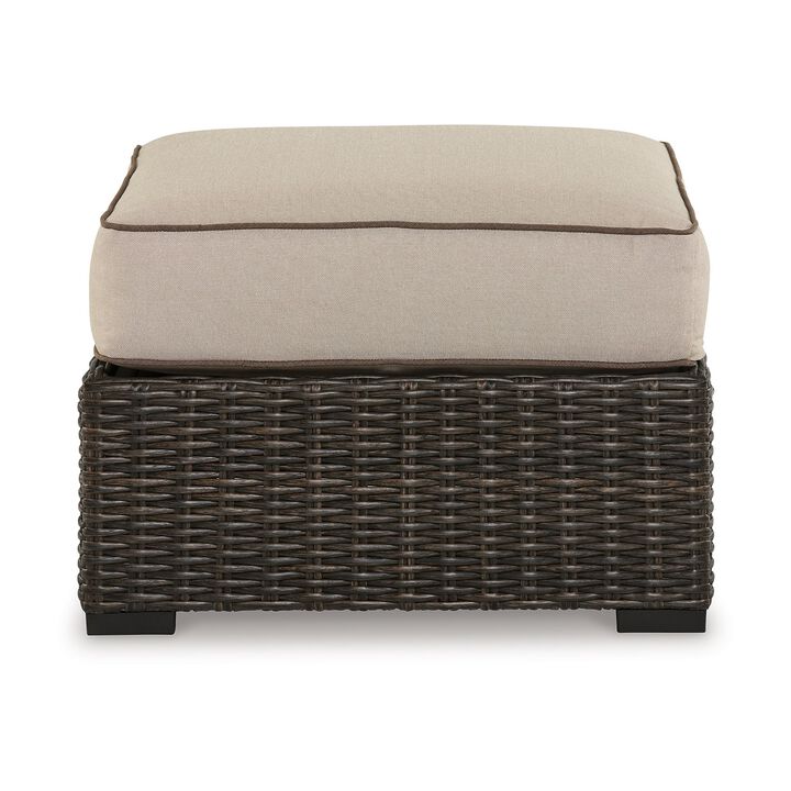 Waga 29 Inch Outdoor Ottoman, Cushioned Seat, Resin Wicker, Brown, Beige - Benzara