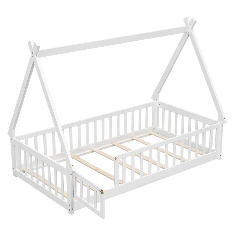 Twin Tentshaped Floor Bed, With Guardrails, Slats, Door, White